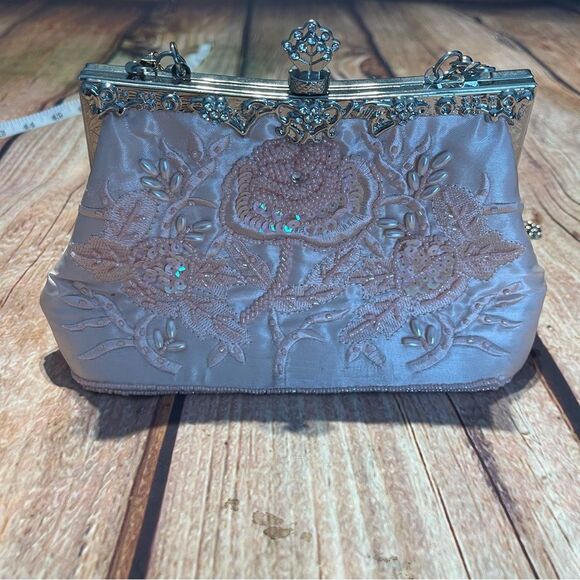 Pink embroidered sequin evening bag clutch handbag shoulder bag Preowned - Picture 3 of 10